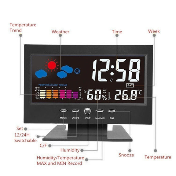8082T Weather Forecast Clock LED Color Screen Perpetual Calendar Temperature And Humidity Intelligent Voice Control Electronic Alarm Cloc,Specification: Black + USB