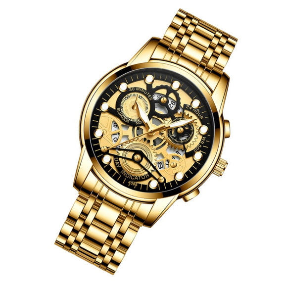 FNGEEN 4088 Men Hollow Quartz Watch Student Water-resistant Luminous Watch(Full Gold Black Surface)