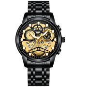 FNGEEN 4088 Men Hollow Quartz Watch Student Water-resistant Luminous Watch(Black Steel Black Surface Gold Nails)