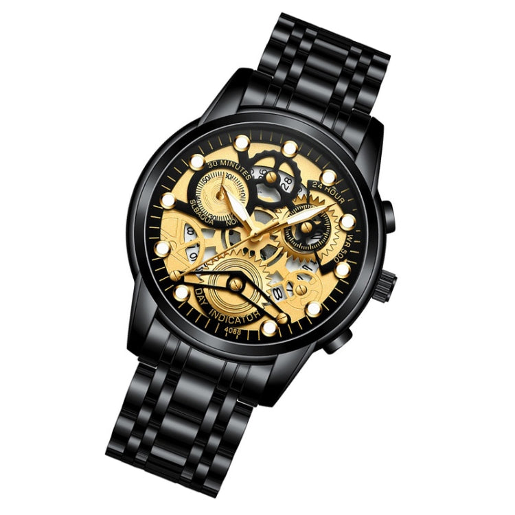 FNGEEN 4088 Men Hollow Quartz Watch Student Water-resistant Luminous Watch(Black Steel Black Surface Gold Nails)