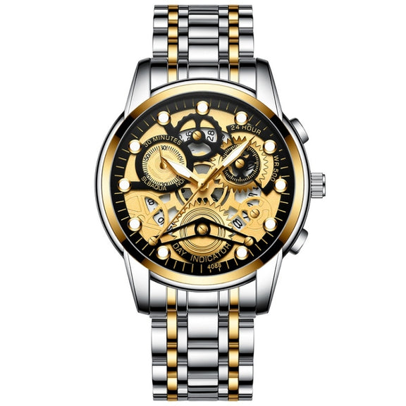 FNGEEN 4088 Men Hollow Quartz Watch Student Water-resistant Luminous Watch(Gold Black Surface)