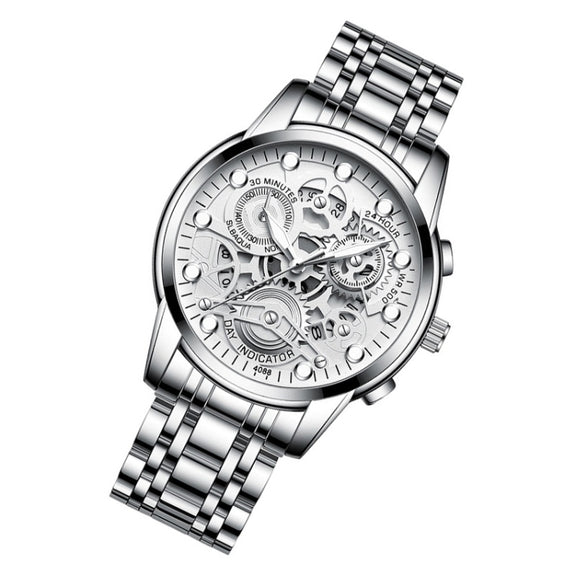FNGEEN 4088 Men Hollow Quartz Watch Student Water-resistant Luminous Watch(White Steel White Surface)