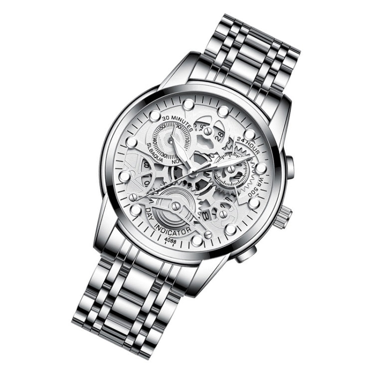 FNGEEN 4088 Men Hollow Quartz Watch Student Water-resistant Luminous Watch(White Steel White Surface)