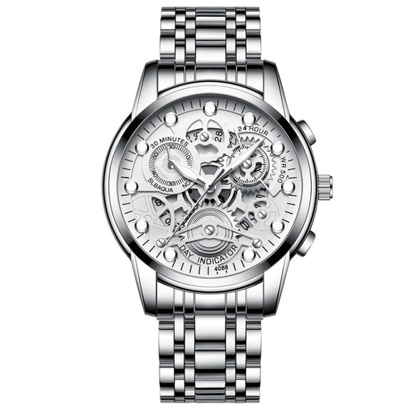 FNGEEN 4088 Men Hollow Quartz Watch Student Water-resistant Luminous Watch(White Steel White Surface)