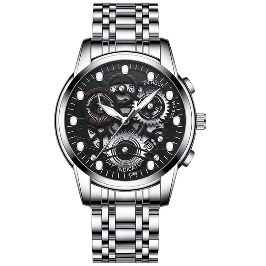 FNGEEN 4088 Men Hollow Quartz Watch Student Waterproof Luminous Watch(White Steel Black Surface) - free shipping - PMC Jewellery - Order now!