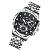 FNGEEN 4088 Men Hollow Quartz Watch Student Water-resistant Luminous Watch(White Steel Black Surface)