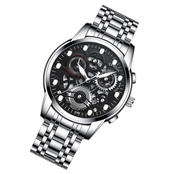 FNGEEN 4088 Men Hollow Quartz Watch Student Water-resistant Luminous Watch(White Steel Black Surface)
