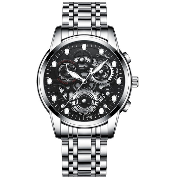 FNGEEN 4088 Men Hollow Quartz Watch Student Water-resistant Luminous Watch(White Steel Black Surface)