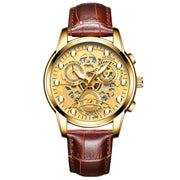 FNGEEN 4088 Men Hollow Quartz Watch Student Water-resistant Luminous Watch(Brown Leather Full Golden Surface)