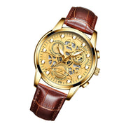 FNGEEN 4088 Men Hollow Quartz Watch Student Water-resistant Luminous Watch(Brown Leather Full Golden Surface)