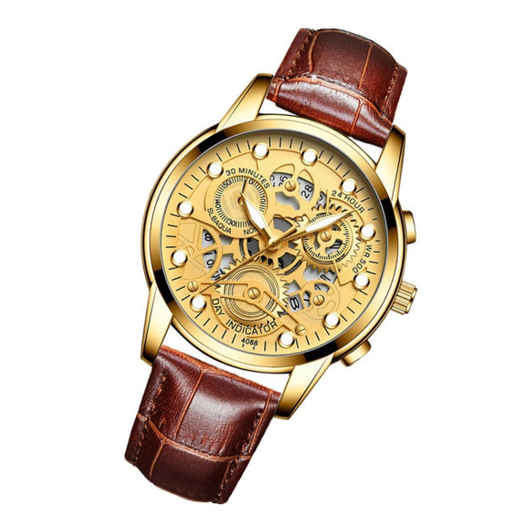 FNGEEN 4088 Men Hollow Quartz Watch Student Water-resistant Luminous Watch(Brown Leather Full Golden Surface)