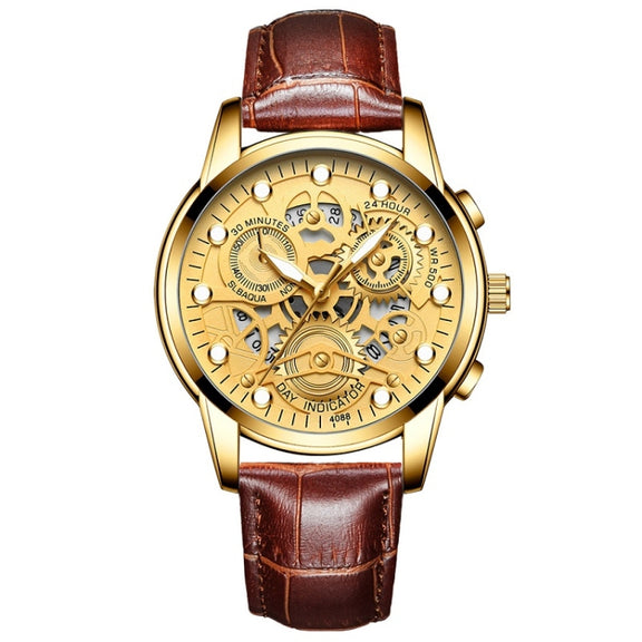 FNGEEN 4088 Men Hollow Quartz Watch Student Water-resistant Luminous Watch(Brown Leather Full Golden Surface)
