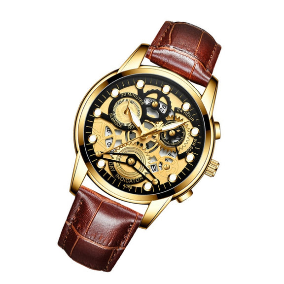 FNGEEN 4088 Men Hollow Quartz Watch Student Water-resistant Luminous Watch(Brown Leather Full Gold Black Surface)