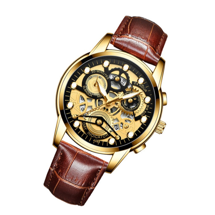 FNGEEN 4088 Men Hollow Quartz Watch Student Water-resistant Luminous Watch(Brown Leather Full Gold Black Surface)