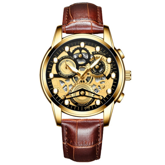 FNGEEN 4088 Men Hollow Quartz Watch Student Water-resistant Luminous Watch(Brown Leather Full Gold Black Surface)