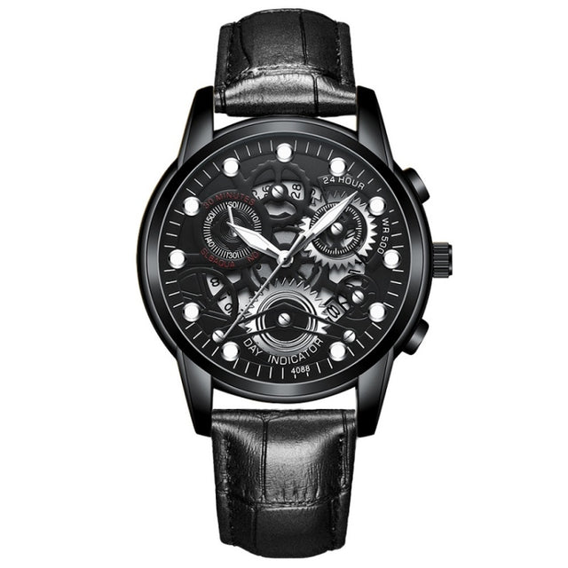 FNGEEN 4088 Men Hollow Quartz Watch Student Water-resistant Luminous Watch(All Black Surface White Nails)