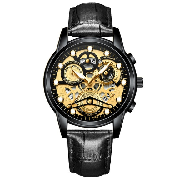FNGEEN 4088 Men Hollow Quartz Watch Student Water-resistant Luminous Watch(All Black Surface Gold Nails)