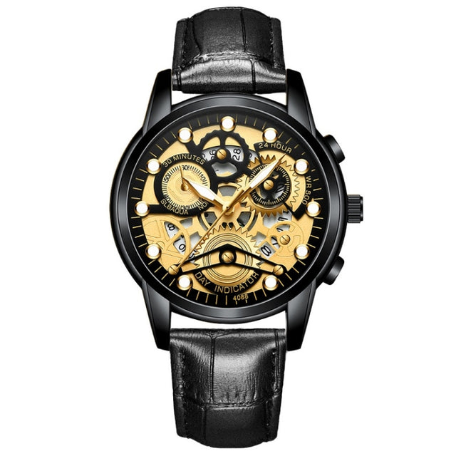 FNGEEN 4088 Men Hollow Quartz Watch Student Water-resistant Luminous Watch(All Black Surface Gold Nails)