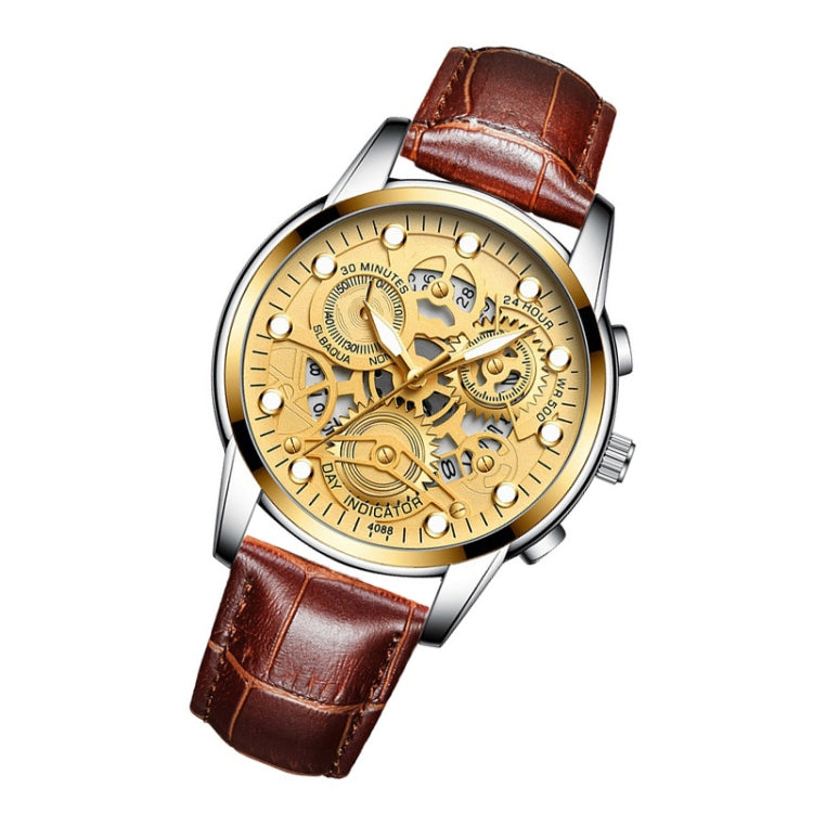 FNGEEN 4088 Men Hollow Quartz Watch Student Water-resistant Luminous Watch(Brown Leather Gold Surface)
