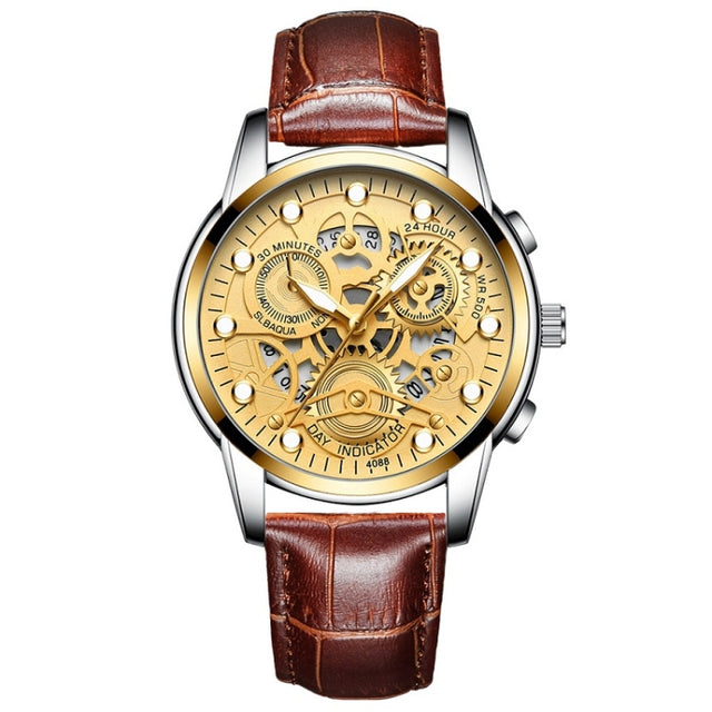 FNGEEN 4088 Men Hollow Quartz Watch Student Water-resistant Luminous Watch(Brown Leather Gold Surface)