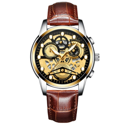 FNGEEN 4088 Men Hollow Quartz Watch Student Waterproof Luminous Watch(Brown Leather Gold Black Surface) - free shipping - PMC Jewellery - Order now!