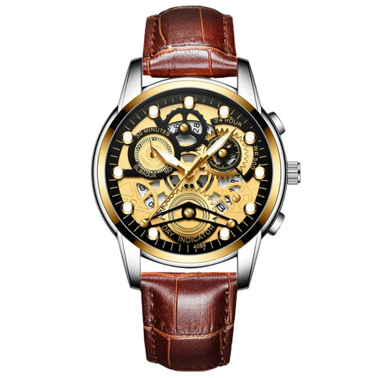 FNGEEN 4088 Men Hollow Quartz Watch Student Waterproof Luminous Watch(Brown Leather Gold Black Surface) - free shipping - PMC Jewellery - Order now!