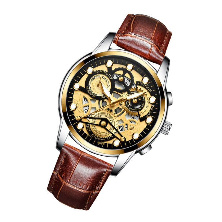 FNGEEN 4088 Men Hollow Quartz Watch Student Waterproof Luminous Watch(Brown Leather Gold Black Surface) - free shipping - PMC Jewellery - Order now!