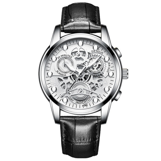 FNGEEN 4088 Men Hollow Quartz Watch Student Waterproof Luminous Watch(Black Leather White Steel White Flour) - free shipping - PMC Jewellery - Order now!
