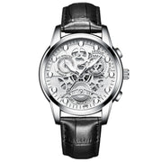FNGEEN 4088 Men Hollow Quartz Watch Student Water-resistant Luminous Watch(Black Leather White Steel White Flour)