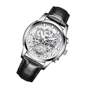FNGEEN 4088 Men Hollow Quartz Watch Student Water-resistant Luminous Watch(Black Leather White Steel White Flour)