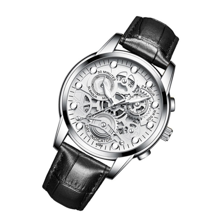 FNGEEN 4088 Men Hollow Quartz Watch Student Water-resistant Luminous Watch(Black Leather White Steel White Flour)