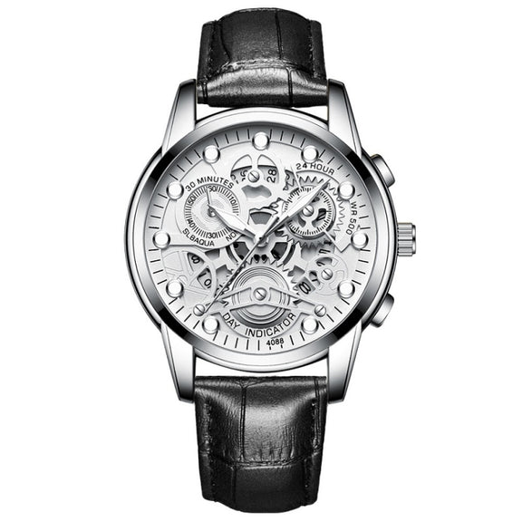 FNGEEN 4088 Men Hollow Quartz Watch Student Water-resistant Luminous Watch(Black Leather White Steel White Flour)