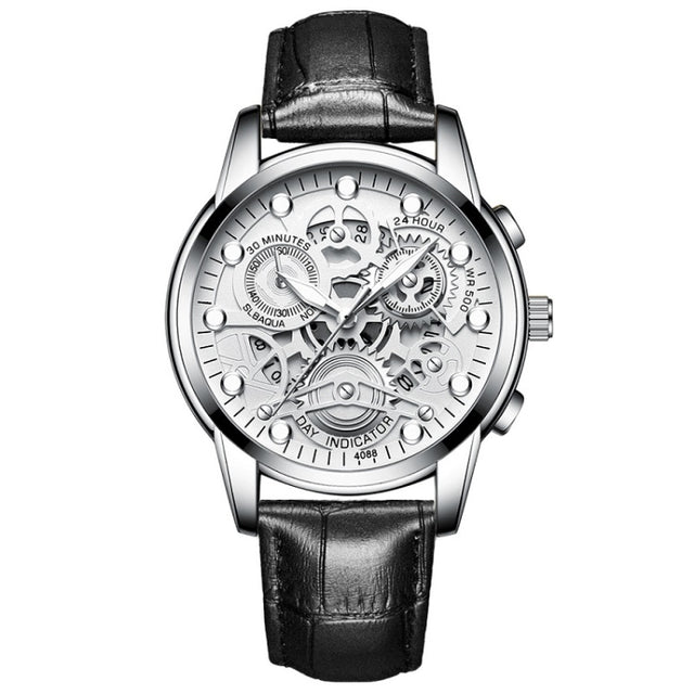 FNGEEN 4088 Men Hollow Quartz Watch Student Water-resistant Luminous Watch(Black Leather White Steel White Flour)