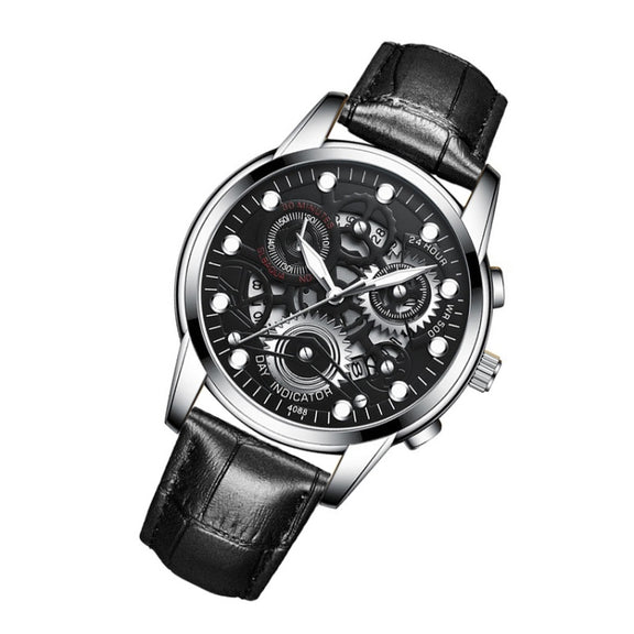 FNGEEN 4088 Men Hollow Quartz Watch Student Water-resistant Luminous Watch(Black Leather White Steel Black Surface)
