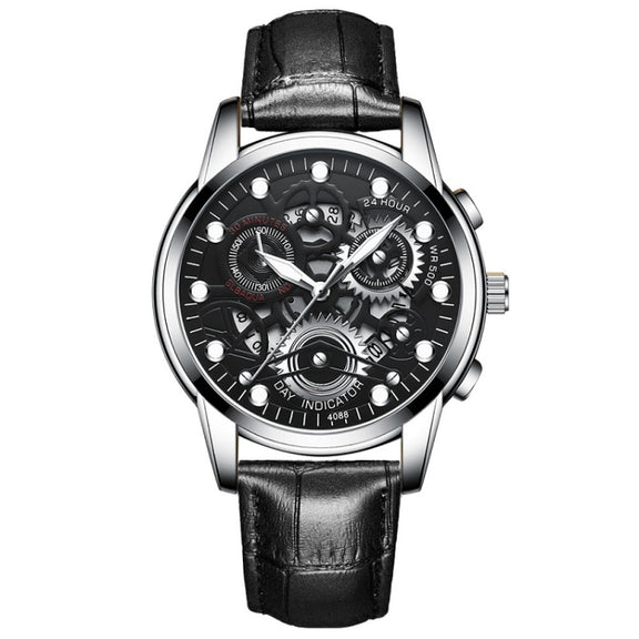 FNGEEN 4088 Men Hollow Quartz Watch Student Water-resistant Luminous Watch(Black Leather White Steel Black Surface)