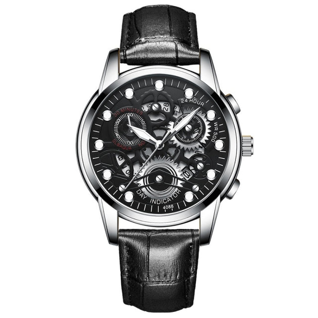 FNGEEN 4088 Men Hollow Quartz Watch Student Water-resistant Luminous Watch(Black Leather White Steel Black Surface)