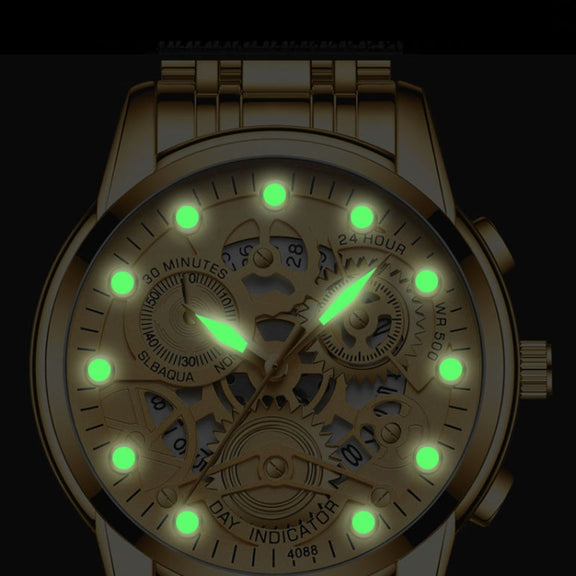 FNGEEN 4088 Men Hollow Quartz Watch Student Water-resistant Luminous Watch(All Black Surface White Nails)