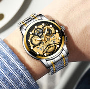 FNGEEN 4088 Men Hollow Quartz Watch Student Water-resistant Luminous Watch(Black Leather White Steel Black Surface)