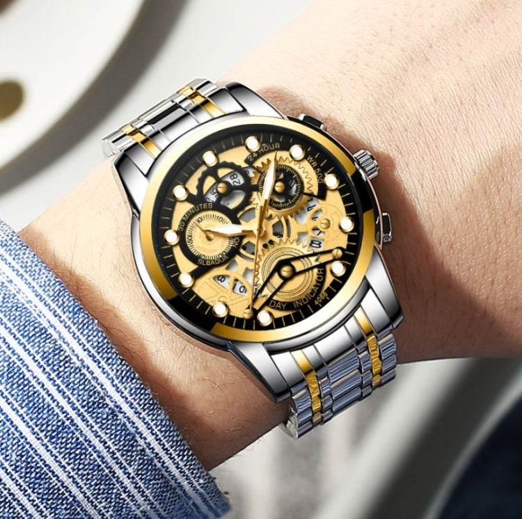 FNGEEN 4088 Men Hollow Quartz Watch Student Water-resistant Luminous Watch(Black Leather White Steel Black Surface)