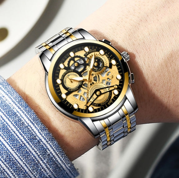 FNGEEN 4088 Men Hollow Quartz Watch Student Water-resistant Luminous Watch(Gold Black Surface)