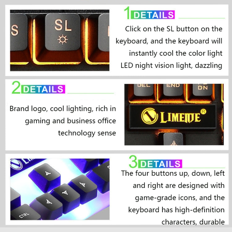 LIMEIDE GTX300 1600DPI 104 Keys USB Rainbow Suspended Backlight Wired Luminous Keyboard and Mouse Set, Cable Length: 1.4m(Black)