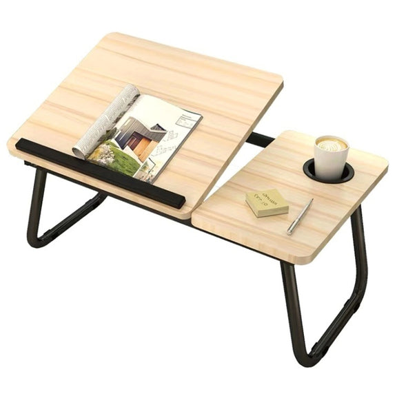 Bed Four-Speed Lifting Table Folding Laptop Desk  Adjustable Dormitory Lazy Table with Cup Holder, Size: 55x32x25cm(White Maple)