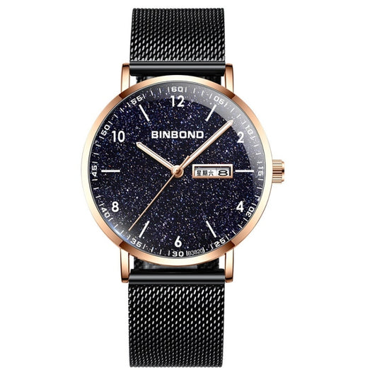 BINBOND B3820 Men Simple Luminous Quartz Watch Student Trendstarry Starry Sky Pattern Watch(Black Mash Rose Shell Rose Gold Nails) - free shipping - PMC Jewellery - Order now!