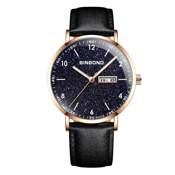 BINBOND B3820 Men Simple Luminous Quartz Watch Student Trendstarry Starry Sky Pattern Watch(Black Leather Rose Shell Rose Nails)