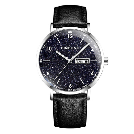 BINBOND B3820 Men Simple Luminous Quartz Watch Student Trendstarry Starry Sky Pattern Watch(Black Leather White Shell White Nails) - free shipping - PMC Jewellery - Order now!