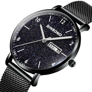 BINBOND B3820 Men Simple Luminous Quartz Watch Student Trendstarry Starry Sky Pattern Watch(Black Mash Black Shell White Nails)