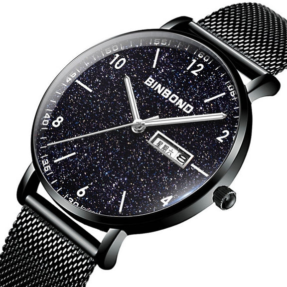 BINBOND B3820 Men Simple Luminous Quartz Watch Student Trendstarry Starry Sky Pattern Watch(Black Mash Black Shell White Nails)