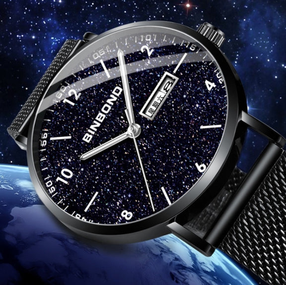 BINBOND B3820 Men Simple Luminous Quartz Watch Student Trendstarry Starry Sky Pattern Watch(Black Mash Black Shell White Nails)