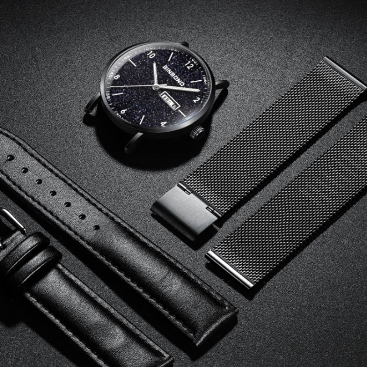 BINBOND B3820 Men Simple Luminous Quartz Watch Student Trendstarry Starry Sky Pattern Watch(Black Mash Black Shell White Nails)