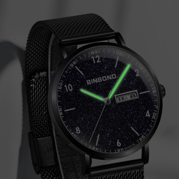 BINBOND B3820 Men Simple Luminous Quartz Watch Student Trendstarry Starry Sky Pattern Watch(Black Leather Black Shell White Nails)